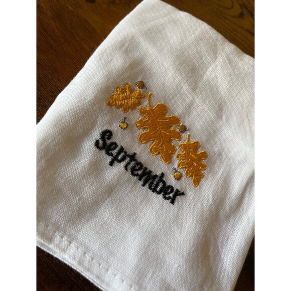 Embroidered Seasonal Linen Hand Towels Set Of 7 Featuring June-December Designs - Picture 5 of 12